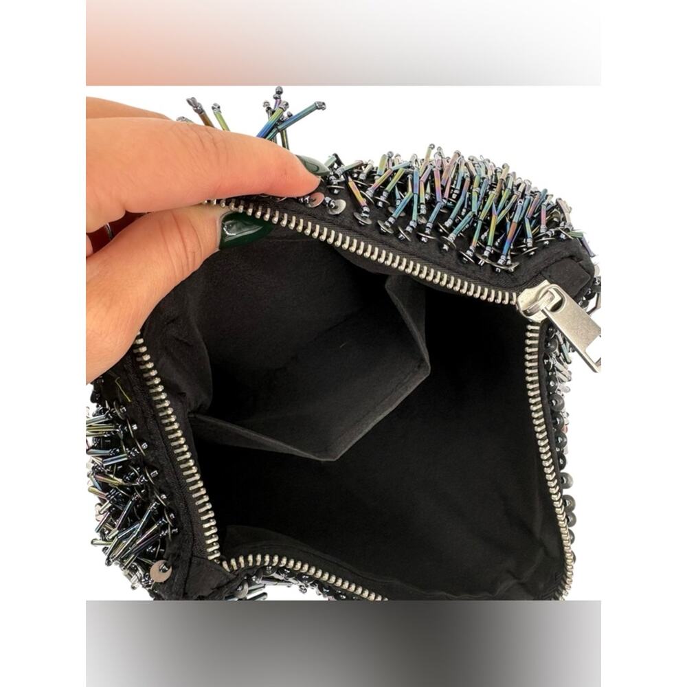 Topshop Beaded Fringe Clutch Multicolor Metallic Evening Zip Bag Chic - Picture 5 of 7
